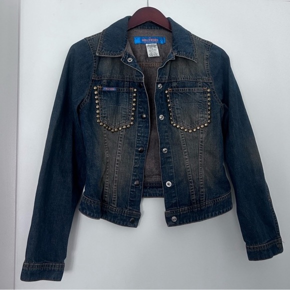 Vintage Jackets & Blazers - vintage faded gold studded denim jacket hollywood jean co